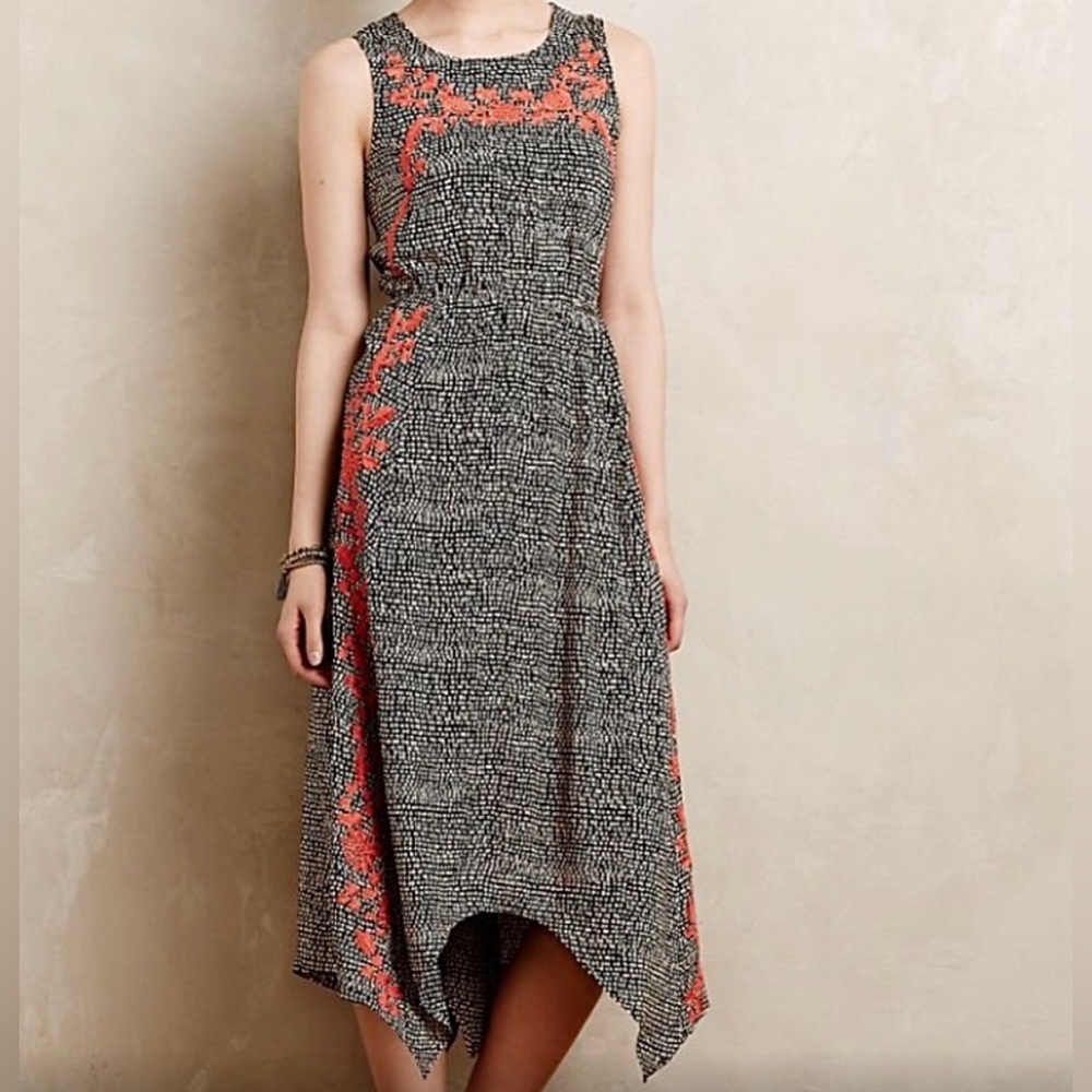 Anthropologie Vanessa‎ Virginia Embroidered Dress Womens Small Gray Red Boho